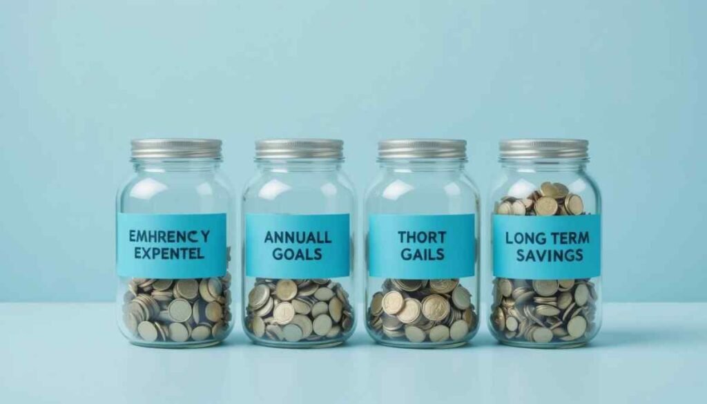 Visual representation of goal-based money buckets budgeting system with emergency fund and savings categories