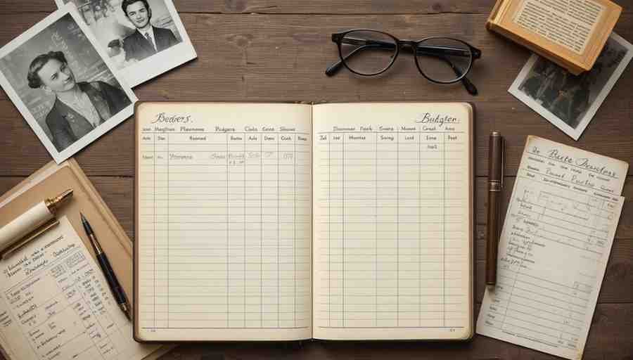 Vintage 1950s style budget ledger and checkbook representing when traditional budgeting methods were created