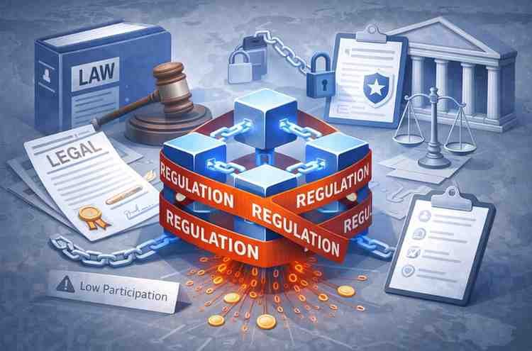 Illustration depicting blockchain technology constrained by regulatory barriers and legal compliance requirements