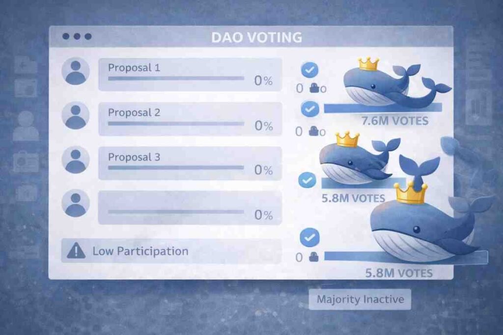 DAO governance interface visualization showing low voter participation and whale dominance in decision-making
