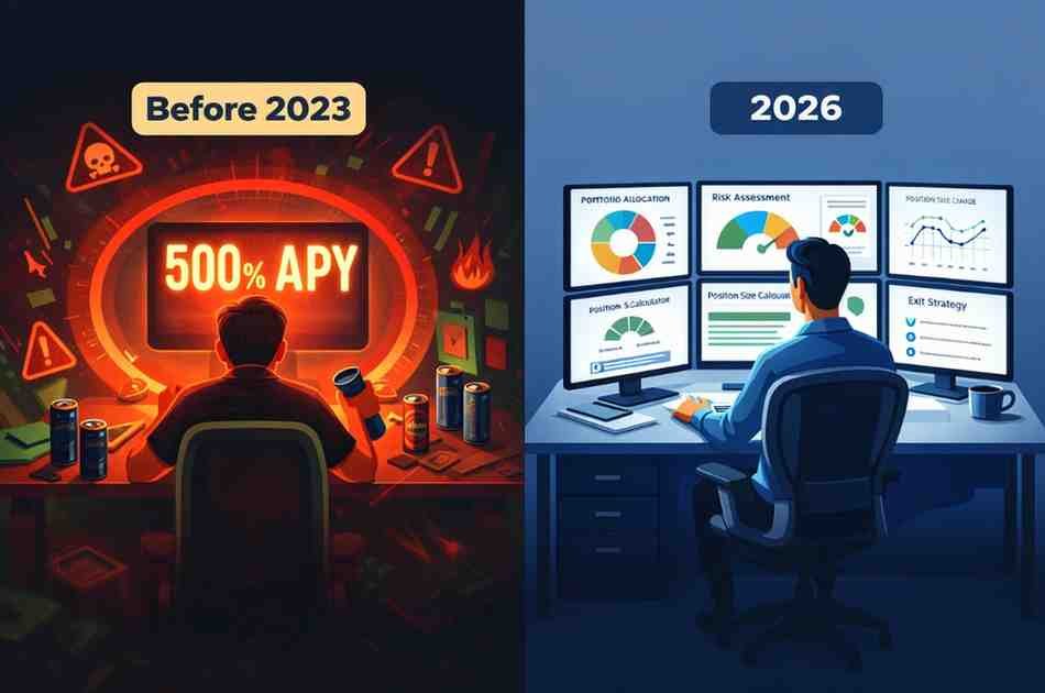 Side-by-side comparison showing old DeFi investor focused solely on high APY numbers versus modern investor with diversified portfolio, risk models, and exposure limits