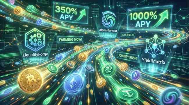 Conceptual visualization of early DeFi yield farming showing digital coins flowing rapidly between multiple protocol logos with token emission animations and triple-digit APY displays
