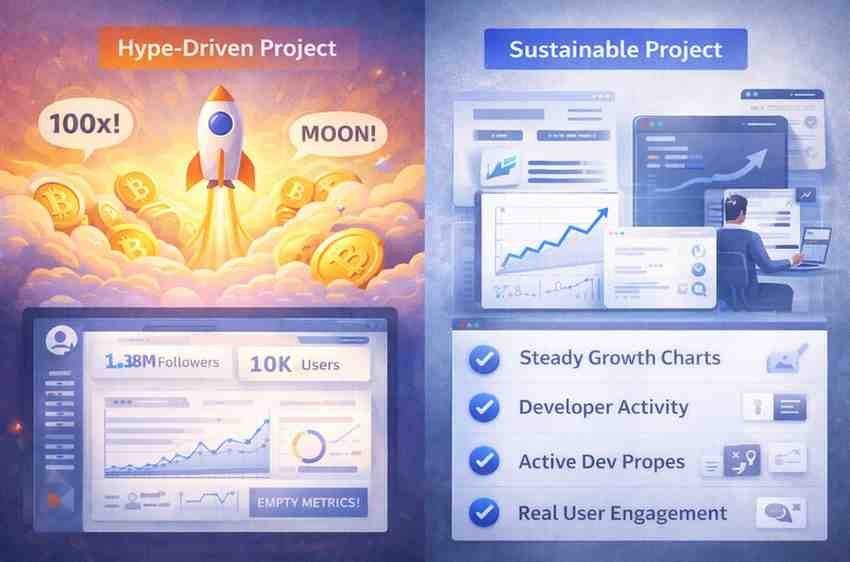 Comparison infographic showing hype-driven blockchain project versus sustainable project with real metrics and steady growth