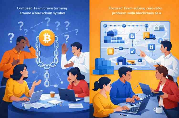 Split illustration comparing blockchain-first approach versus problem-first approach in project development
