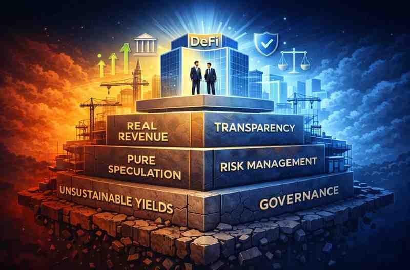 Upward trending growth visualization showing evolution from speculative high-yield DeFi to sustainable, institutional-grade decentralized finance with solid foundations