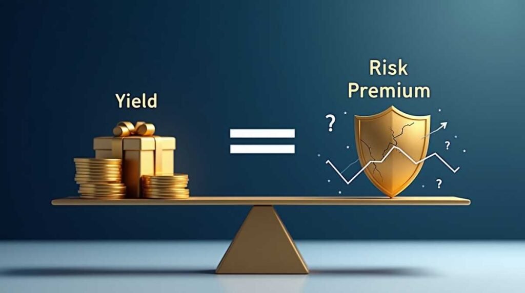 Visual equation showing Yield equals Incentive plus Risk Premium with icons representing uncertainty, smart contract risk, and market volatility on a balance scale